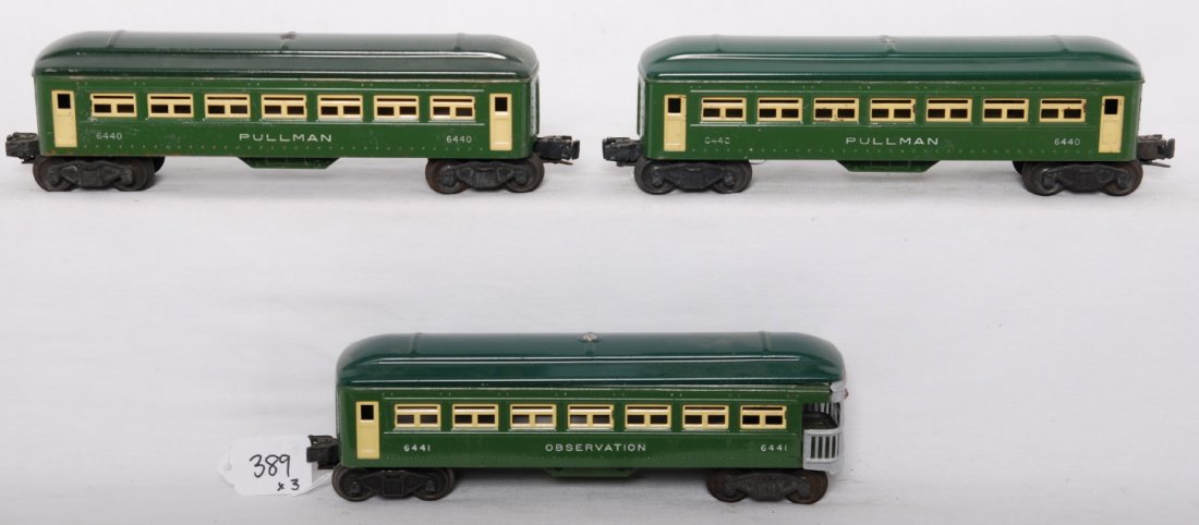 Lionel 6440, 6440, and 6441 passenger cars: Postwar Lionel O gauge passenger cars, C5-6 with some surface rust and two repainted roofs. Two 6440 Pullman coaches and a 6441 observation.