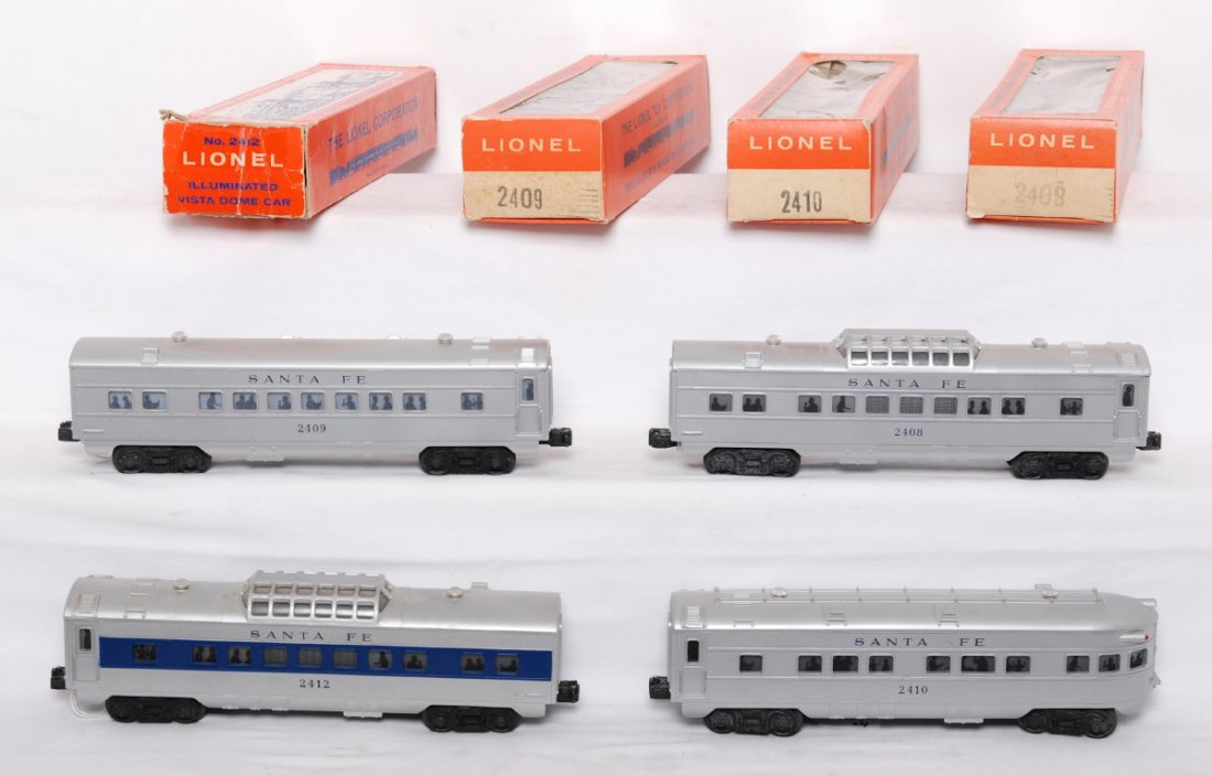 Lionel 2408, 2409, 2410, and 2412 Santa Fe passeng: Postwar Lionel O gauge Santa Fe passenger cars with blue stripes and letters, 2408 vista dome, 2409 Pullman coach, 2410 observation, and 2412 vista dome. Some boxes have missing flaps, tape repairs, e
