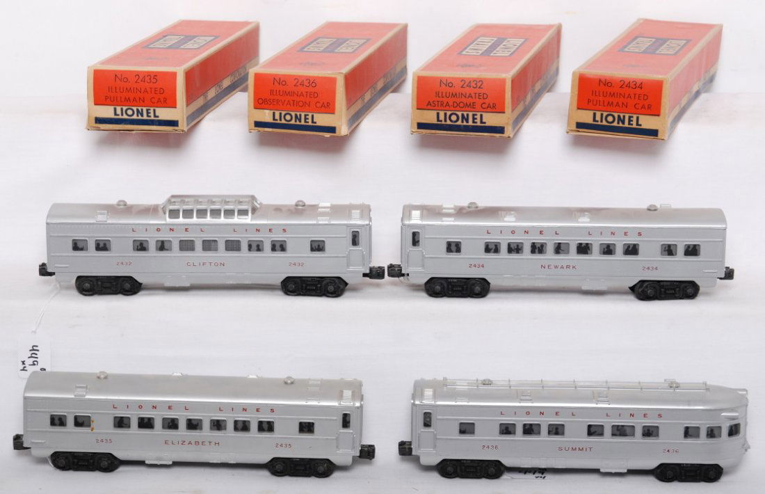 Lionel 2432, 2434, 2435, 2436 red letter passenger: Postwar Lionel O gauge red letter passenger cars in original boxes, C6-7. 2432 Clifton astra-dome, 2434 Newark Pullman, 2435 Elizabeth Pullman, and 2436 Mooseheart observation. Boxes look C7-8.