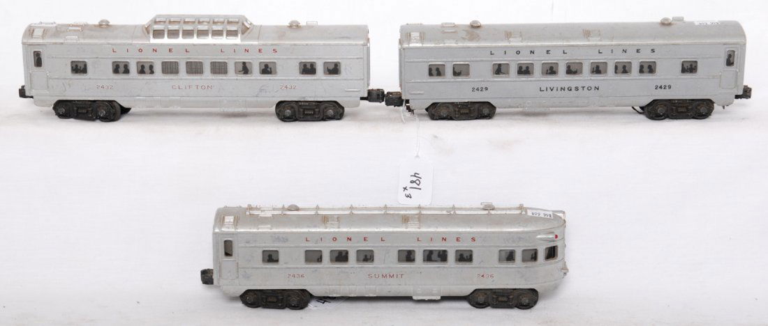 Lionel 2429, 2432, 2439 red and black letter passe: Postwar Lionel O gauge passenger cars, C5. 2429 Livingston, 2432 Clifton, and 2436 Summit.