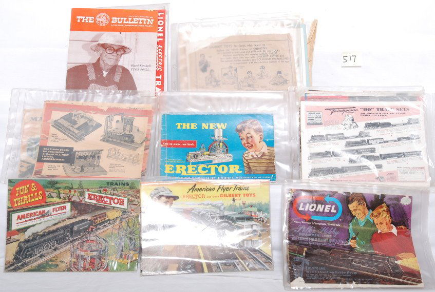 Lionel and American Flyer paper literature: Postwar and prewar, Lionel and American Flyer, Gilbert/Erector, standard and O gauge paper literature items. Catalogs, magazines, instructions manuals, etc. Some catalogs are reproductions. Please vie