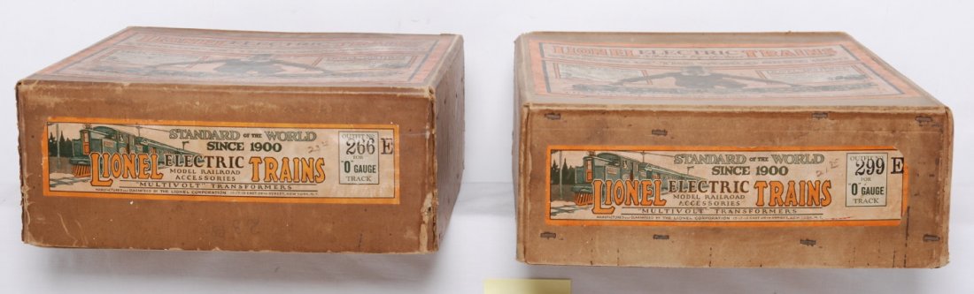 Lionel 266E and 299E prewar O gauge set boxes: Prewar Lionel O gauge set boxes, 266E and 299E. Boxes are very square and solid with no tears, repairs, or missing material. 266E consisted of 254 electric loco, two 610 Pullman coaches, and a 612 obs