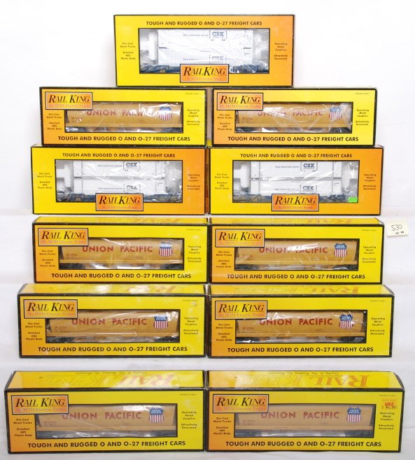 11 Railking freight cars Union Pacific CSX: MTH Railking modern O gauge freight cars in OBs. Eleven cars include two 4213C CSX husky stacks with ETD, 76430 CSX Husky Stack, and eight 7005A Union Pacific four bay hoppers. Cars are C8. OBs have w