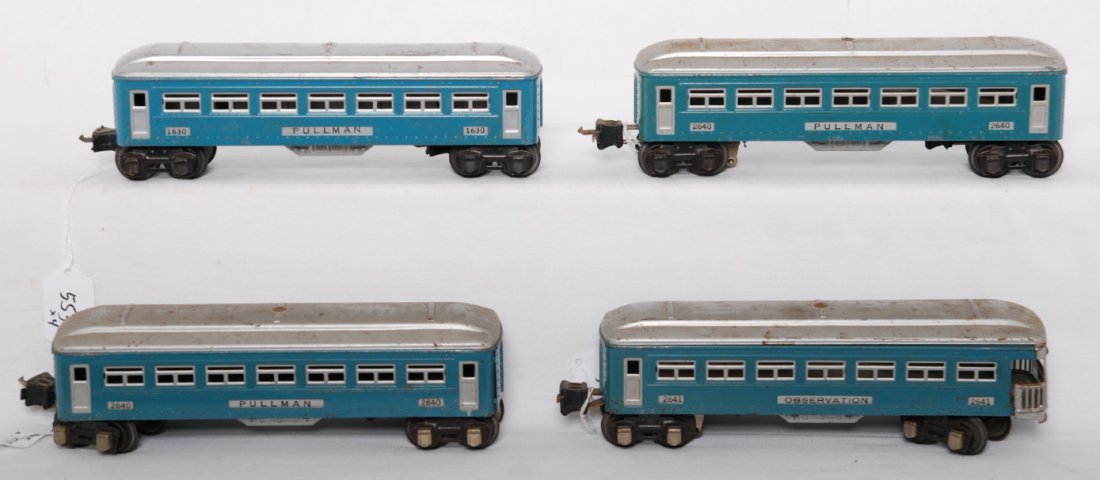 Lionel 1630, 2640, 2640, 2641 passenger cars: Prewar Lionel O gauge passenger cars, C5-6. 1630 and two 2640 Pullman coaches, and a 2641 observation missing coupler key.