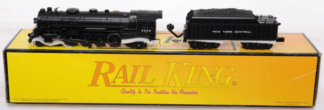 Railking New York Central Mohawk with Proto 2: MTH Railking modern O gauge 30-1392-1 New York Central Mohawk steam locomotive in OB. Loco features Protosound 2.0, DCS control, Protosmoke, Protocoupler, and more. Loco is C8 with run time. OB has so