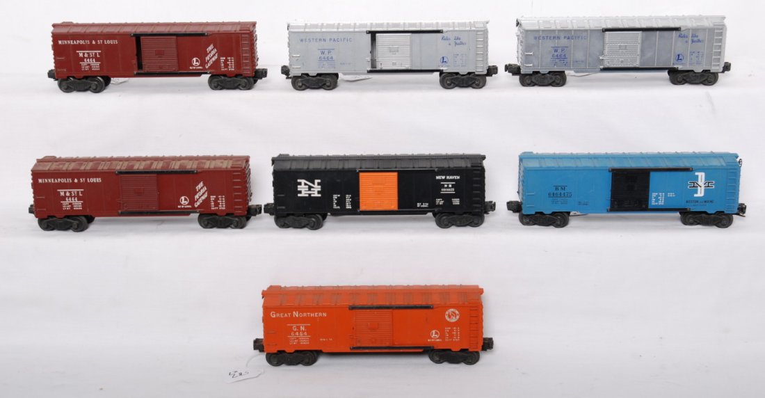 Lionel 6464-1, -1, -25, -50, -50, -425, -475 boxca: Postwar Lionel O gauge 6464 boxcars. Two -1 Western Pacific, -25 Great Northern, two -50 Minneapolis and St. Louis, -425 Boston and Maine, and -475 New Haven. One -50 is missing a catwalk end, otherwi