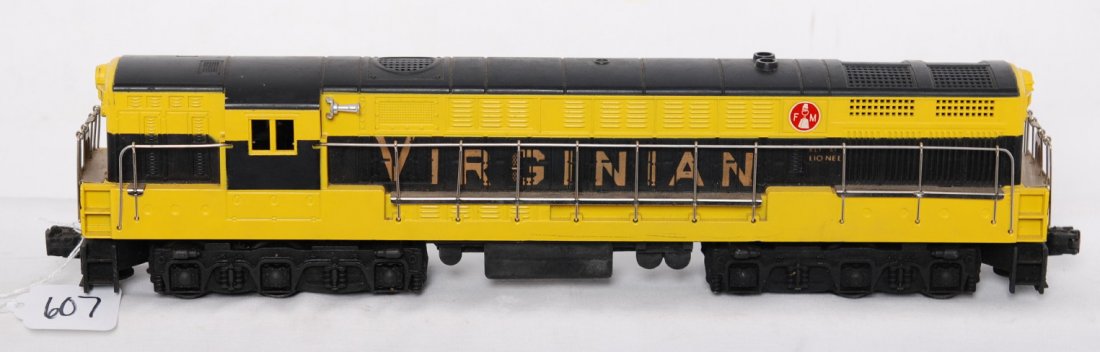 Lionel 2331 Virginian FM Trainmaster diesel locomo: Postwar Lionel O gauge 2331 Virginian Fairbanks Morse Trainmaster diesel locomotive with touchups and hairlines at screws, C6.