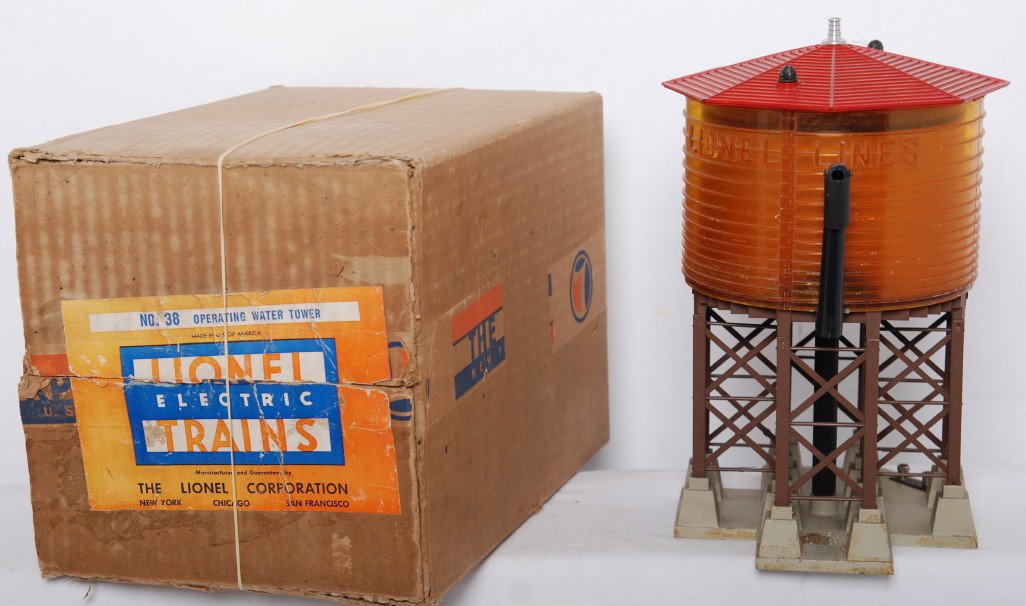 Lionel No. 38 operating water tower in OB w/insert: Postwar Lionel O gauge No. 38 water tower in original box with an insert and a 96C control switch. Tower looks C6. Box has a detached outer flap, otherwise looks C7-8.