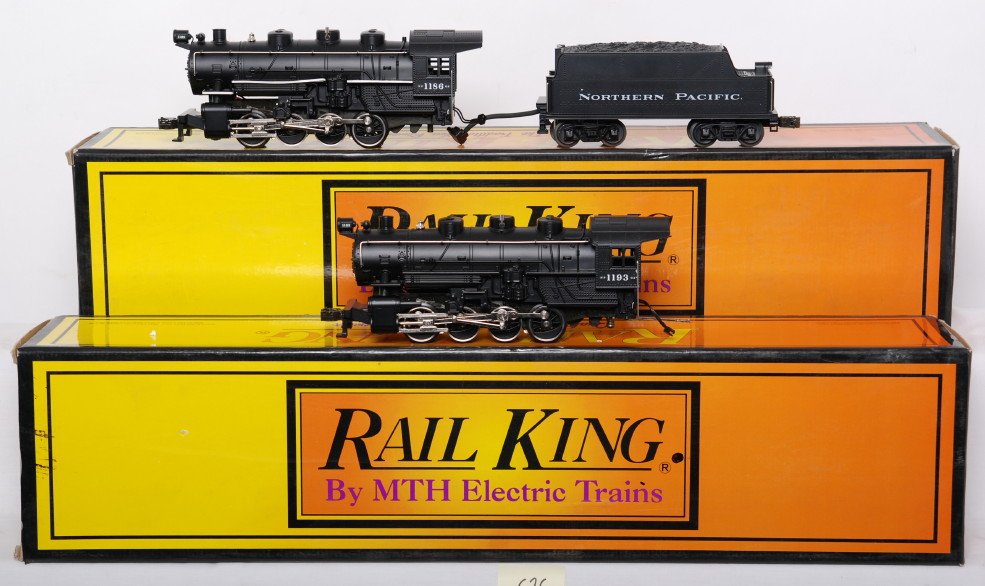 2 Railking Northern Pacific 0-8-0 switchers: MTH Railking modern O gauge Northern Pacific 0-8-0 switchers in OBs. Two switchers are both 30-1124-1. Numbers have been redone on both locos. One loco missing tender. Loco features Protosound, Protos