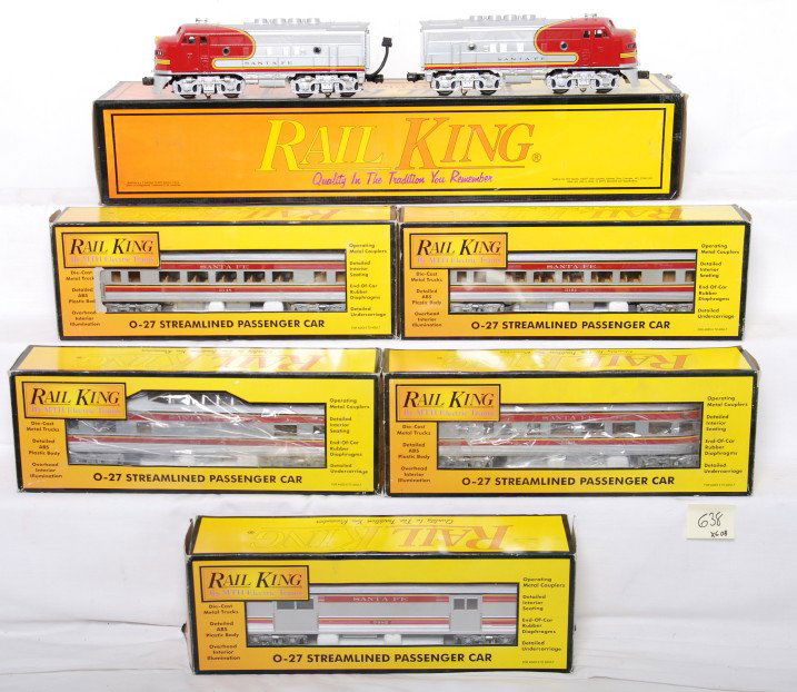 Railking Santa Fe F-3 A-A and passenger cars: MTH Railking modern O gauge Santa Fe passenger set in OBs. Includes 30-2131-1 F3 A-A set with Protosound. Also included are five Santa Fe passenger cars 6103-1 through -4 and 6102 coach. Loco and cars