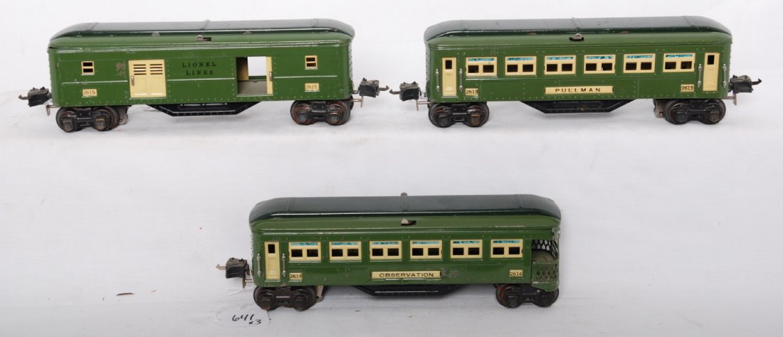 Lionel 2613, 2614, 2615 passenger cars: Prewar Lionel O gauge 2613 Pullman coach, 2614 observation, and 2615 baggage car, some rust on some wheels, C6.