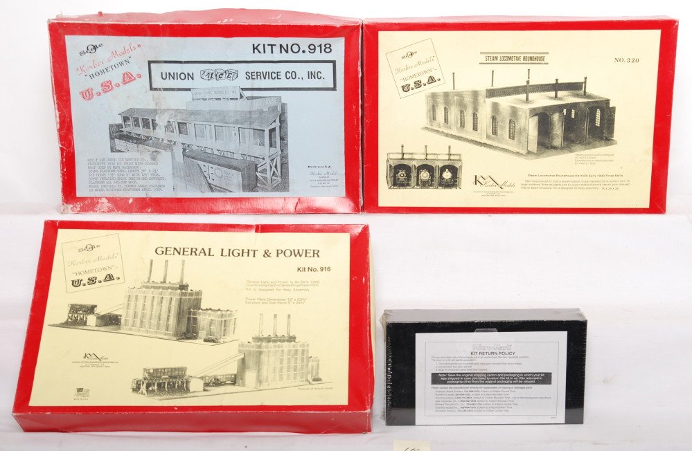 4 Korber and Micro-Mark kits 320, 916, MF-5: Korber and Micro Mark modern O gauge kits in OBs. Includes 320 roundhouse, 916 general light and power, 918 Union ice and MF-5 Tennessee Pass depot. Kits are new C9-10.