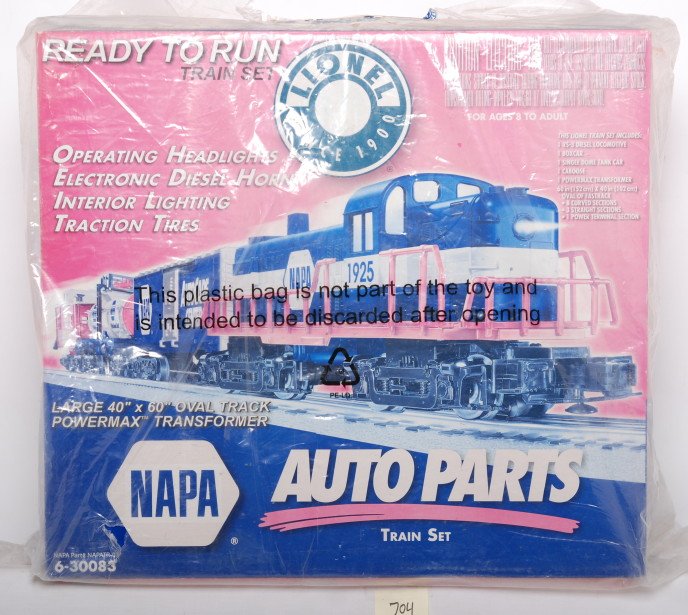 Lionel 30083 Napa train set: Lionel modern O gauge 30083 Napa train set in OB. Set is factory sealed, but the front of the box is sun faded. Trains assumed C10.