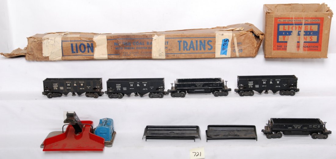 Lionel 456, 397, 3459, 3469, three 3456: Postwar Lionel O gauge 456 coal ramp in OB, 397 coal loader in OB, 3459 and 3469 dump cars, and three 3456 N&W hoppers. Four 160 bins. Please view the photos of the items in this lot for quantity and 