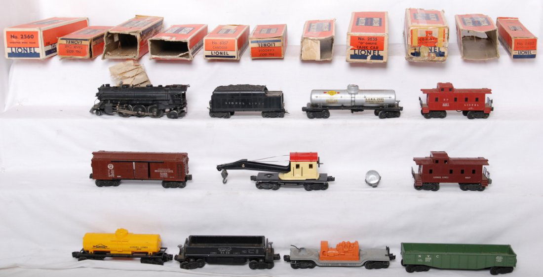 Lionel 224, 2466W, 2458, 2555, 2560, more in OB: Postwar Lionel O gauge 224 steam locomotive with 2466W whistle tender missing rear coupler, 2458 PRR boxcar, 2555 Sunoco tank, 2560 operating work crane, 6462-25 NYC gondola, 3459 auto dump car, 6520