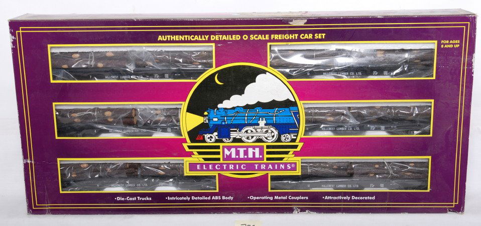 MTH Hill Crest log car six pack: MTH modern O gauge 20-98120 Hill Crest Lumber six car flatcar set with log loads in OB. OB has some light wear, cars are generally C8.