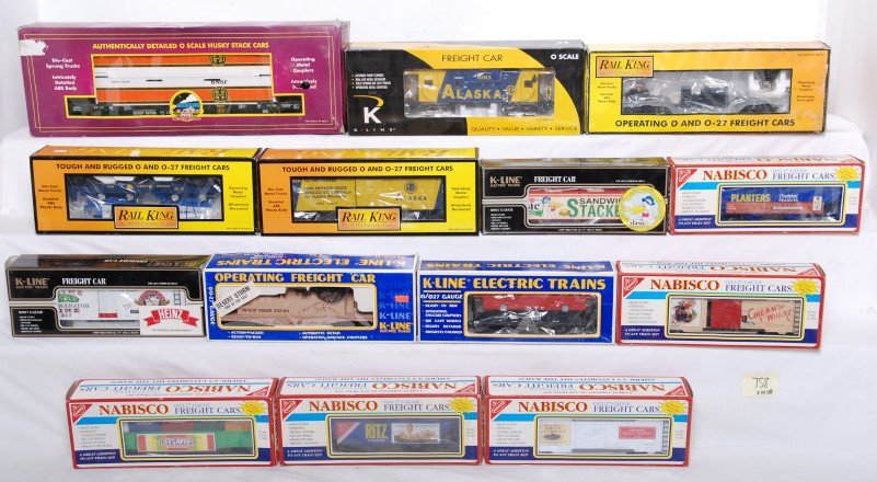14 K Line, MTH, Railking freight cars: K Line, MTH, and Railking modern O gauge freight cars in OBs. Ten K Line cars include 64702 LifesaverÕs gondola, 25801 Ritz hopper, 641203 Oreo boxcar, 641202 Cream of Wheat boxcar, 625702 Planters h