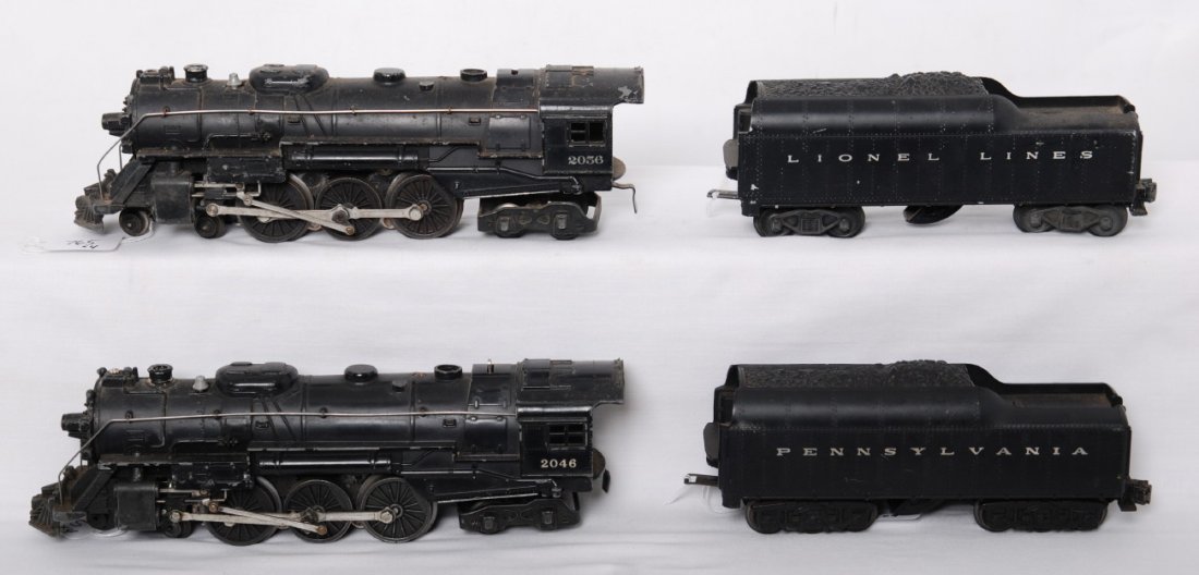 Lionel 2046 and 2056 steam locos, 2046W, 2671W: Postwar Lionel O gauge 2046 and 2056 steam locomotives with 2046W whistle tender and 2671W Pennsylvania whistle tender. Locos have dinged cab corners, 2056 has missing cab corner. 2046W is missing a s