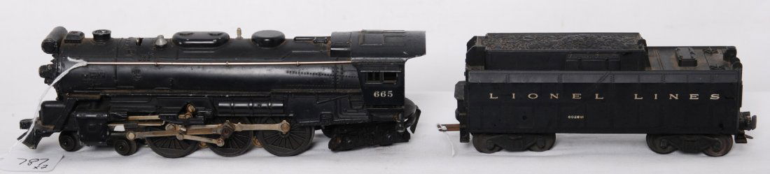 Lionel 665 steam loco and 6026W whistle tender: Postwar Lionel O gauge 665 steam locomotive with 6026W whistle tender, loco chassis/shell is missing screws, C6.