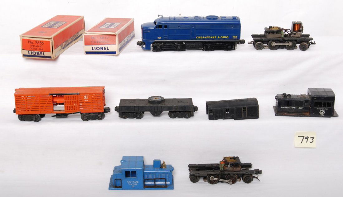 Lionel 51, 41, 225, 3656, shells, chassis, boxes..: Postwar Lionel O gauge, chassis, shells and boxes. Please view the photos of the items in this lot for quantity and a better description of condition, items are sold Òas isÓ shown with no returns. 4