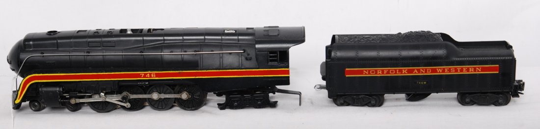 Lionel 746 N&W J class steam locomotive and tender: Postwar Lionel O gauge 746 N&W streamline J class steam locomotive with 746W short stripe whistle tender, C7.