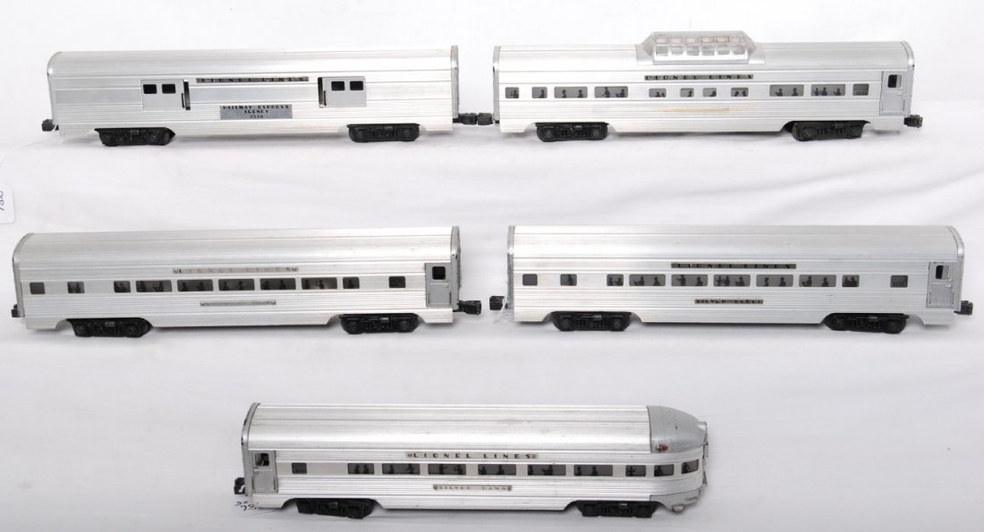 Lionel 2530, 2531, 2532, 2533, 2534 passenger cars: Postwar Lionel O gauge aluminum passenger cars, C5-6. 2530 REA baggage, 2531 Silver Dawn observation, 2532 Silver Range vista dome, 2533 Silver Cloud Pullman, and 2534 Silver Bluff Pullman.