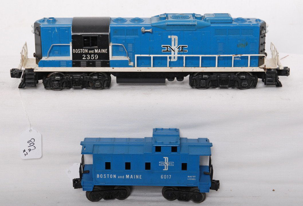 Lionel 2359 B&M GP-9 and 6017-100 B&M caboose: Postwar Lionel O gauge 2359 Boston and Maine GP-9 diesel locomotive, C5-6. 6017-100 Boston and Maine caboose, C6.