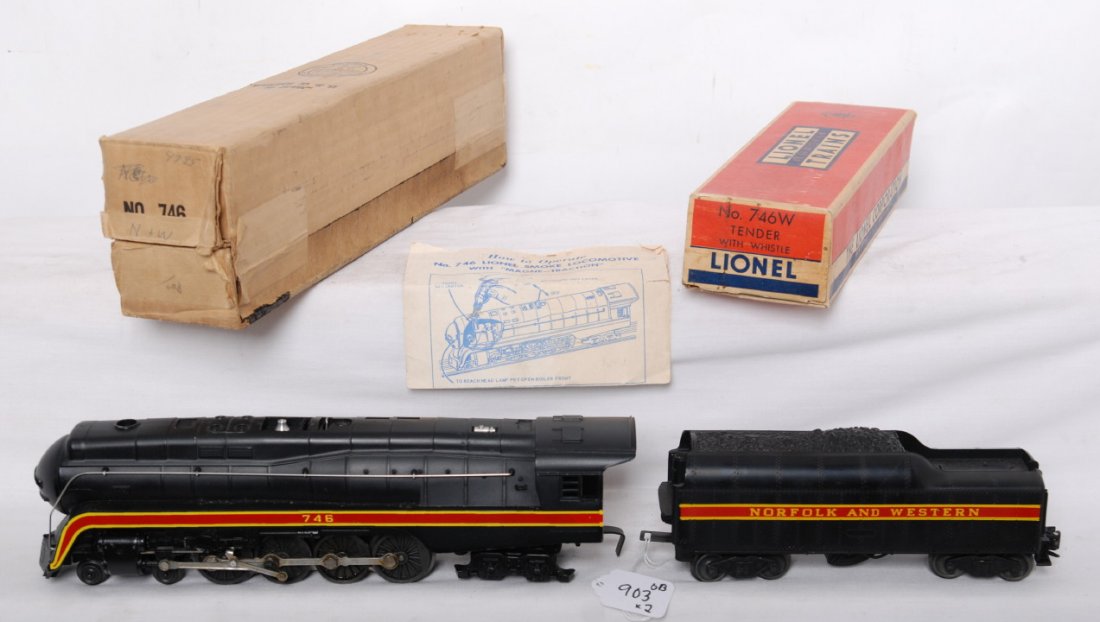 Lionel 746 N&W J class loco and tender in OB: Postwar Lionel O gauge 746 Norfolk and Western J class streamline steam locomotive and 746W long stripe whistle tender in original boxes. Trains look better C7 area. Included in an original instructio