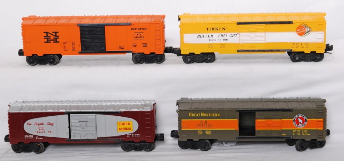 Lionel 6464-375, -450, -500, and -725 type IV boxc: Postwar Lionel O gauge unrun 6464-375 Central of Georgia, unrun 6464-450 Great Northern, unrun 6464-500 Timken, and 6464-725 New Haven, boxcars, C6-8. All are type IV bodies.