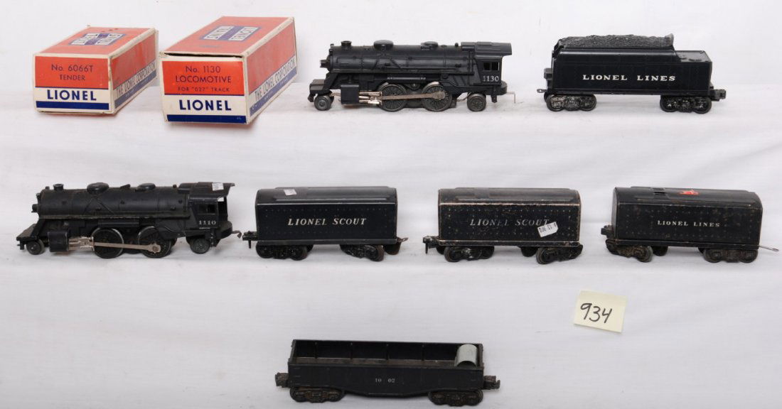 Lionel 1130, 110, scout tenders, etc: Lionel Postwar O gauge locos and more. Includes 1130 loco and 6066T tender in OBs. 1110 steam locomotive, three scout tenders and 1002 gondola. See photos for best description. Lot sold as is.