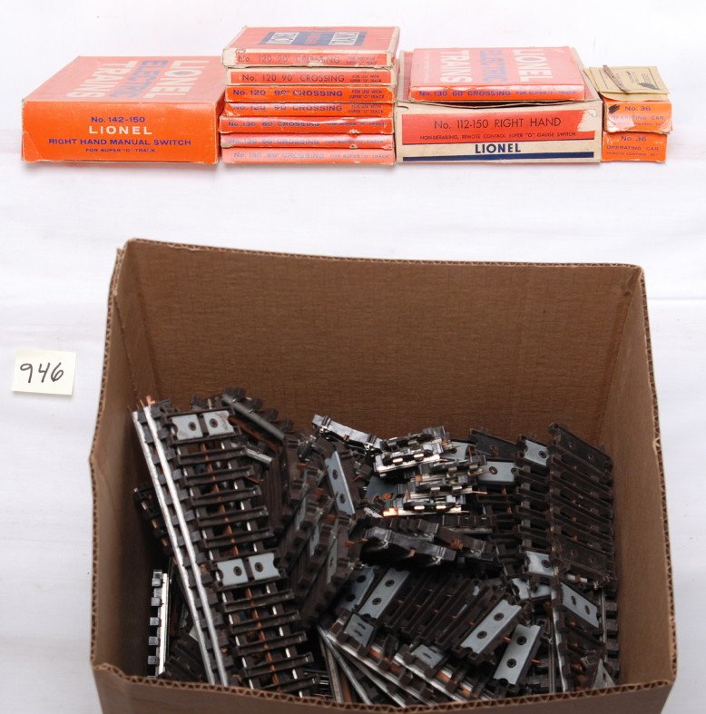 Lionel Super O track and switches: Lionel Postwar O gauge Super O track. Lot includes forty two curves, twelve straights, thirty eight half curves, three half straights, seven 43 power sections, two uncoupling sections, five 130 60 deg