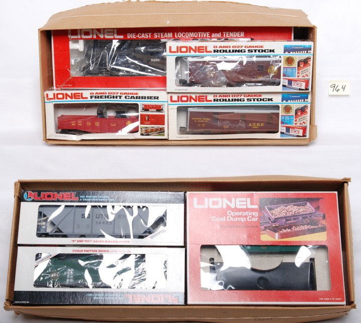 Lionel 1632 Santa Fe and 11704 Southern sets: Lionel 11704 Southern Freight Runner and 1632 Santa Fe Work Train sets in OBs. OBs are both worn with shipping labels. Trains appear to be in the C8 area.