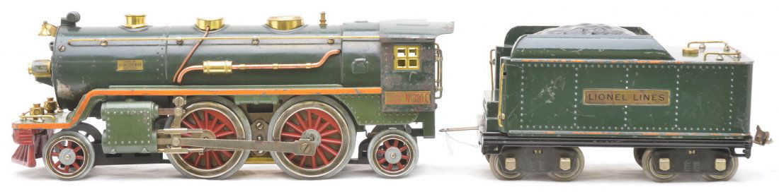 Lionel 390E 2-Tone Green Loco 390T Tender: Lionel prewar standard gauge 390E two-tone green 2-4-2 steam loco with a 390T tender both with orange striping. The loco has been rewheeled. The loco and tender are C5-6.