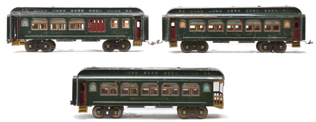 Lionel Dark Green Pass Cars 429 428 430: Lionel prewar standard gauge dark green passenger cars including; 429 baggage, 428 Pullman and a 430 observation, C5.