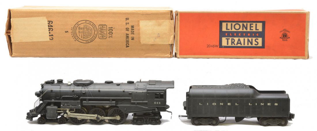 Lionel 646 Steam Loco 2046W Tender Boxed: Lionel postwar 646 black 4-6-4 steam loco with a 2046W tender both in OBs. The loco has been professionally restored to look like new and the tender is C7. The loco OB has original paper wrap, is clea