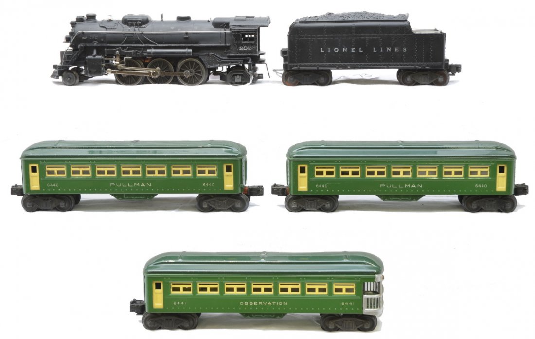 Lionel Pass Set 1426WS 2026 6466WX 2-6440 6441: Lionel postwar green passenger set no. 1426WS consisting of a 2026 black 2-6-2 steam loco, 6466WX tender, two 6440 Pullmans and a 6441 observation. The set is C7.