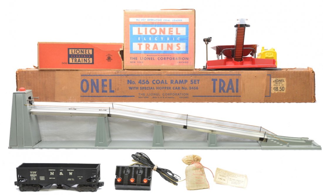 Lionel 456 Coal Ramp Set 397 Coal Loader: Lionel postwar 456 coal ramp set with a yellow motor cover, 3456 black Norfolk & Western operating hopper car in individual OB, controller and instruction sheet all in OB. Also included is a 397 opera