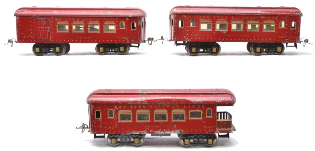 Ives Red Passenger Cars 184 185 186: Ives prewar wide gauge red passenger cars including; 184 Buffet, 185 Parlor and a 186 observation, C5.