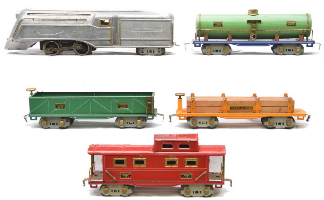 Unusual AF Aeolus Freight Set no. 1325-RTC: American Flyer prewar O gauge Aeolus freight set no. 1325-RTC, circa 1935 including; 9915 cast aluminum Aeolus streamlined Hudson loco, 3016 green sand car, 3216 orange log car, 3210 green tank car wi