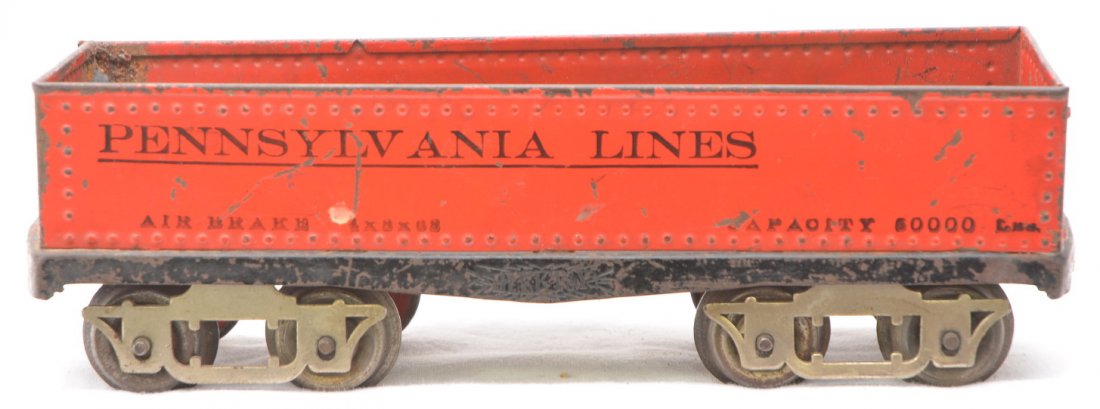 Elektoy Lithographed Red PRR Gondola: Elektoy gauge 1 lithographed red Pennsylvania gondola missing both couplers, C5.