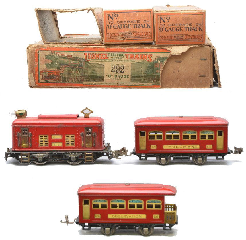 Lionel Red Pass set no. 292 248 629 630 OBs: Lionel prewar O gauge red passenger set no. 292 in individual OBs and set box containing; 248 electric 0-4-0 loco, 629 Pullman and a 630 observation. The cars have cream inserts and nickel journals. T