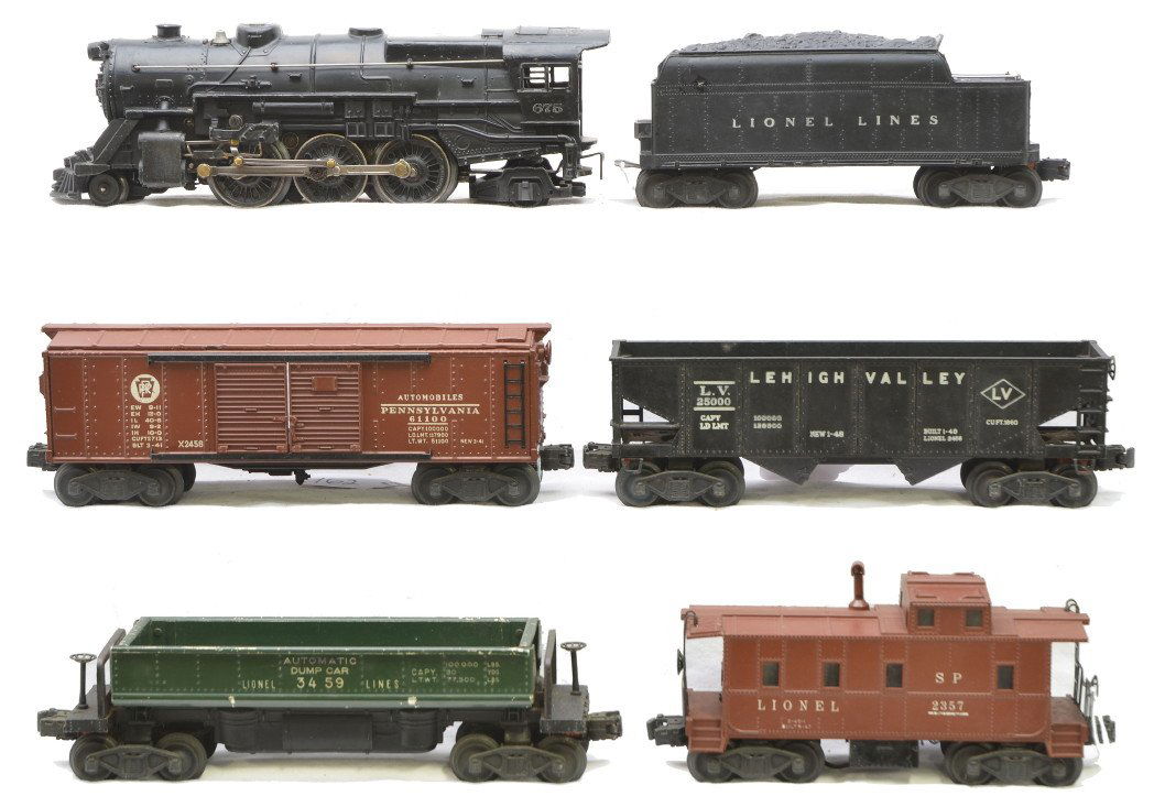 Lionel Set no. 2137WS 675 2458 3459 2456 2457: Lionel postwar freight set no. 2137WS containing; 675 black 2-6-2 steam loco, 2466WX tender, 2458 Pennsylvania boxcar, 3459 automatic dump car, 2456 black Lehigh Valley hopper and a 2357 caboose. The