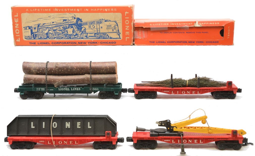 Lionel Freight Cars 6361 6826 OB 6802 6660: Lionel postwar freight cars; 6361 log car with instruction sheet in OB, 6802 flatcar with two black Lionel girders, 6826 flatcar with Christmas trees in OB and a 6660 boom car. The 6660 is C7 and the 