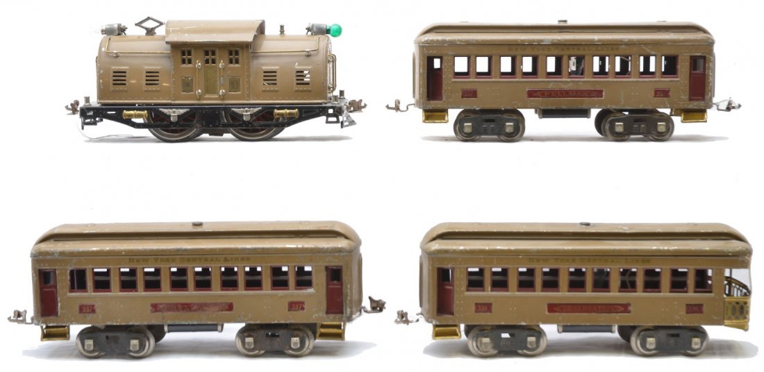 Lionel Mojave Passenger Set 352 10 337 337 338: Lionel prewar standard gauge Mojave passenger set no. 352 containing; 10 electric 0-4-0 loco, two 337 Pullmans and a 338 observation. The cars have maroon inserts and nickel journals. The loco has bee