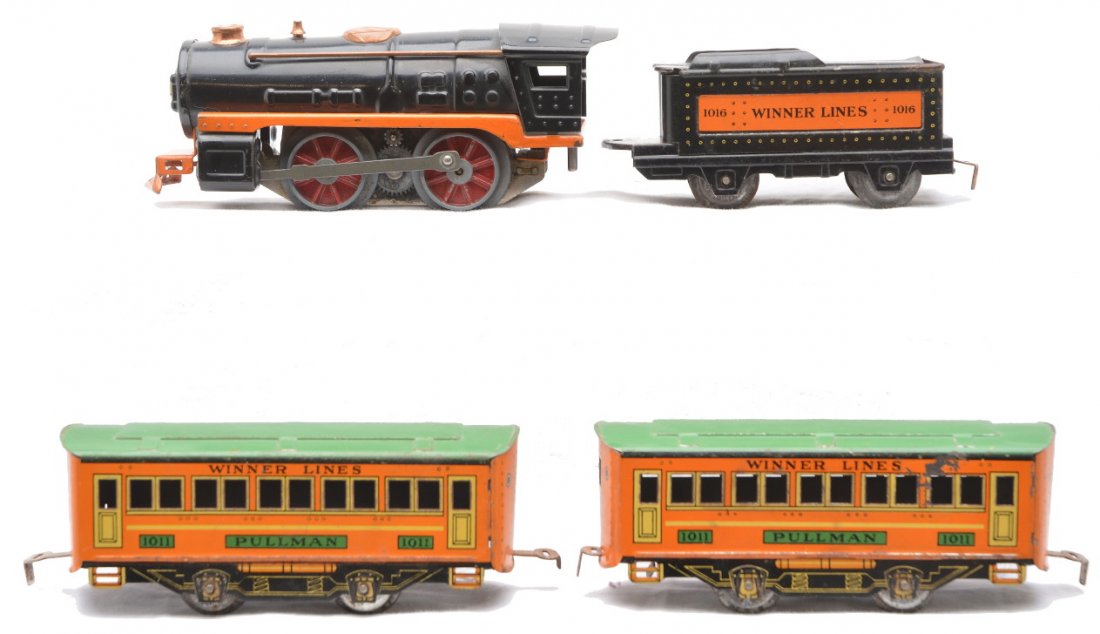 Winner Lines Litho Pass Set 1015 1016 2-1011: Winner Toy Corp. lithographed Winner Lines passenger set including; 1015 black 0-4-0 steam loco with orange frame and copper trim, 1016 black and orange tender and two 1011 orange and green Pullmans. 