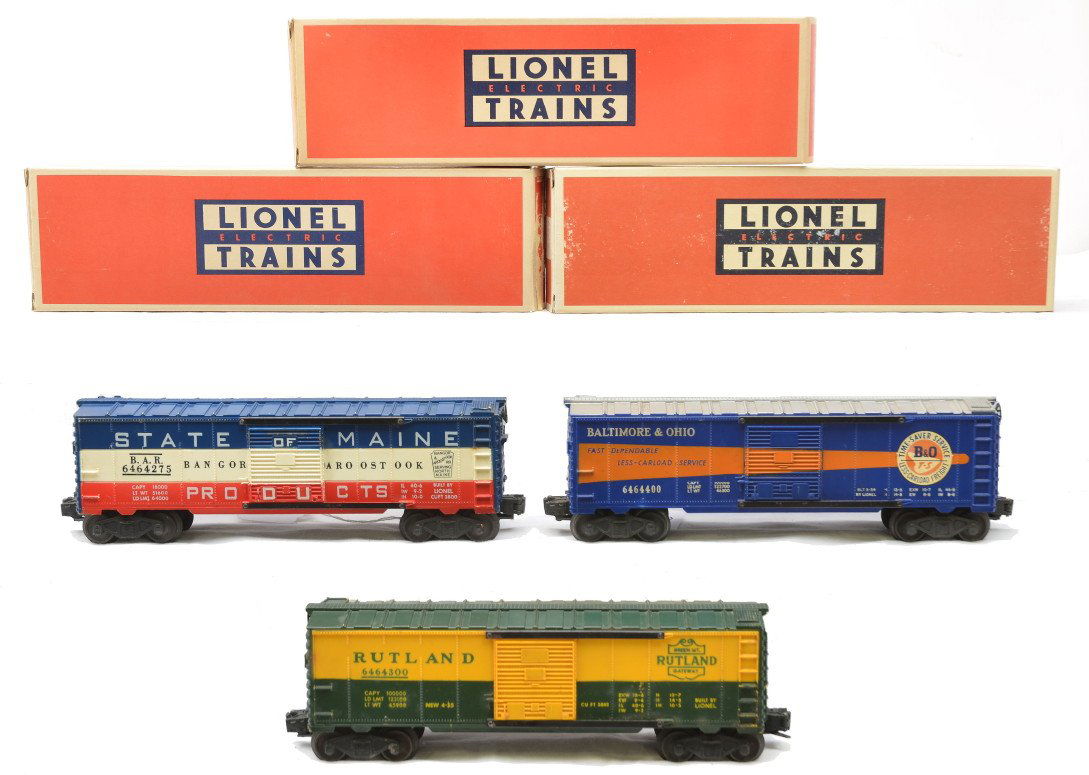 Lionel 6464-275 6464-300 6464-400 Boxed: Lionel postwar 6464-275 State of Maine BAR type IIa boxcar, 6464-300 Rutland type IIb boxcar with heat-stamped lettering and a 6464-400 Baltimore & Ohio type IIb boxcar all in reproduction boxes. The
