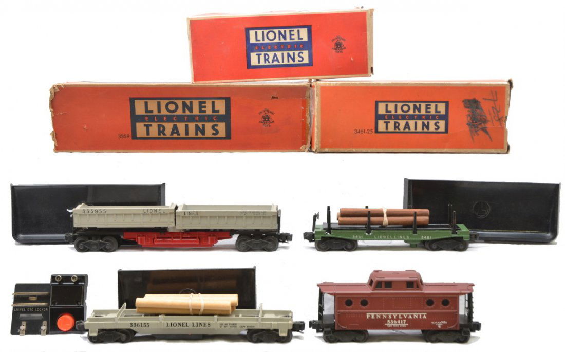 Lionel 3461-25 3361 Log 3359-55 Twin Bin 6417: Lionel postwar freight cars; 3461-25 green automatic lumber car with logs and a 160 bin in worn OB, 3361 log car with reproduction logs and 160 bin, 3359-55 twin bin coal dump car with 90C controller,