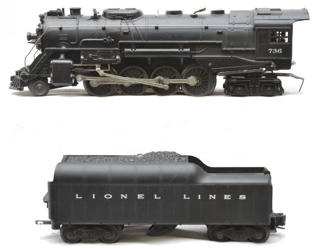 Lionel 736 Berkshire Steam Loco 2046W Tender: Lionel postwar 736 black 2-8-4 Berkshire steam loco with a 2046W tender. The loco has been restored.