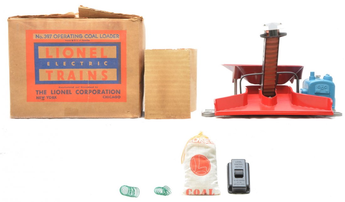 Lionel 397 Operating Coal Loader Boxed: Lionel postwar 397 operating coal loader with 364C controller, wires, reproduction bag of coal, tray and extension poles for the tray in OB that has an original cardboard insert. The coal loader is C8