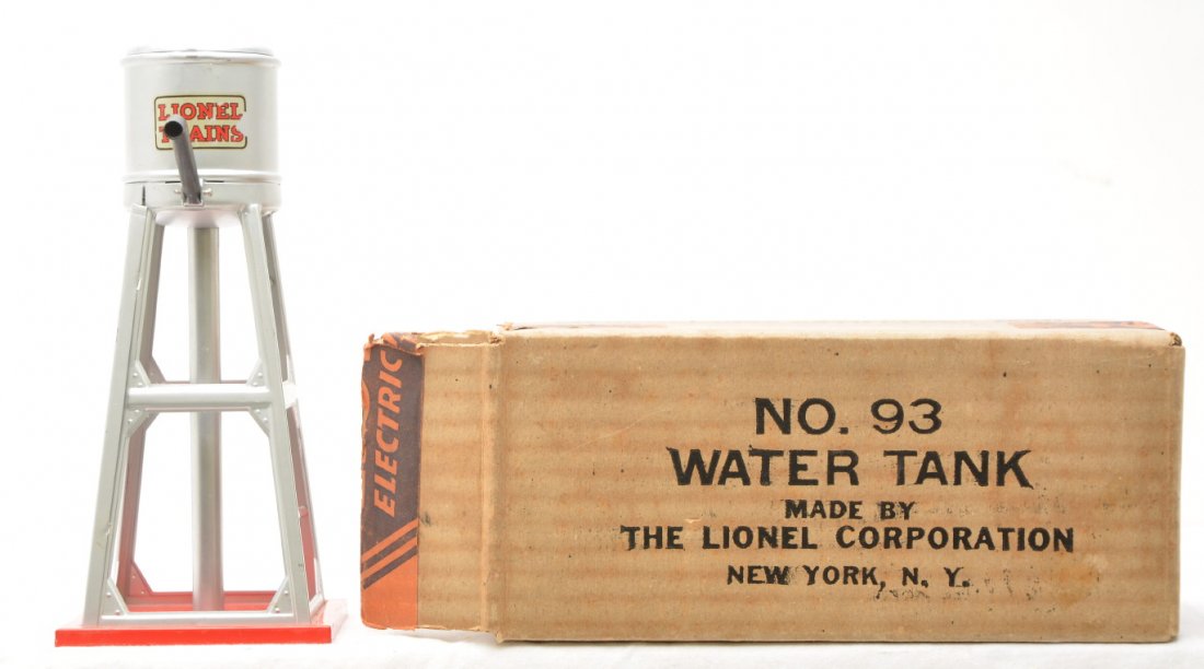 Lionel Prewar 93 Water Tank Boxed: Lionel prewar O gauge 93 water tank in OB. The decal is flaked on one side, otherwise water tank is C7-8. The OB is sealed on one end, very clean and square with strong graphics.
